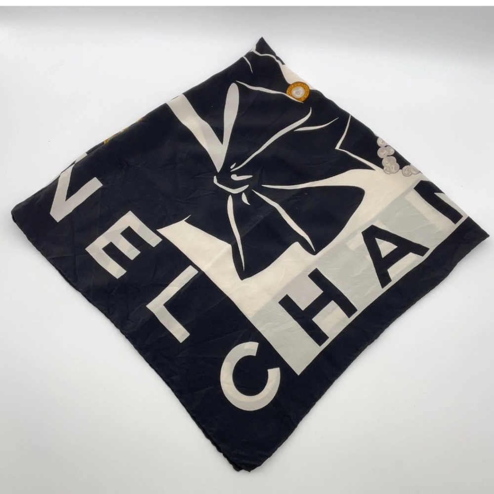 Authentic Chanel Coco Mark Dot Mademoiselle Black/White Silk Scarf - Picture 6 of 13